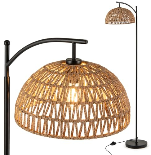 HOMASIS Lampada da Terra 160 cm, Piantana da Terra in Metallo con Paralume Intrecciato e Portalampada E27, Interruttore a Pedale e Base Stabile, Lampada Soggiorno per Camera da Letto, Ufficio, Nero