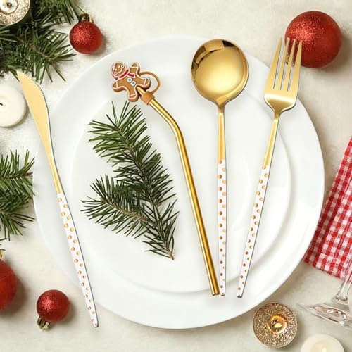 Cuillère à Café, Dwafill Lot de 4 Cuillères de Noël, Couverts de Noël en Acier Inoxydable, Set de Couverts, Cuillère à Soupe, Couteau de Table, Fourchettes à Gâteau, Vaisselle de