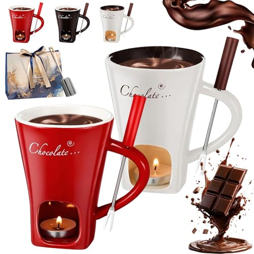 HOPASRISEE Keramik Schokofondue Tasse Mit Teelicht Und Gabeln, Portable Chocolate Fondue Cup for Desserts, Ideal Gifts for Birthday Date Night Wedding Party (2PC-A)