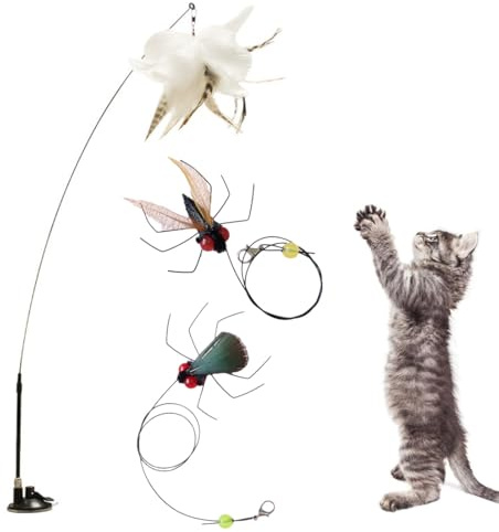 Katzenspielzeug, Katzenangel mit 2 Simulierter Insektenersatzkopf, katzenspielzeug, Intelligenz Spielzeug für Katzen Federspielzeug Mit Saugnapf, katzenspielzeug selbstbeschäftigung