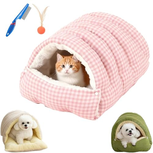 Upgrade Abnehmbares Waschbares Geschlossenes Winter Katzenbett, Hundehöhle Kuschelhöhle, Baumwollplüsch, für Alle Haustiere (Rosa kariert,L (Geeignet für Katzen unter 6,8 kg, Hunde unter 4)