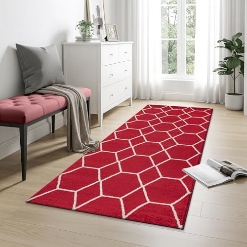 SANAT Wohnzimmerteppich – Pflegeleicht, für jeden Raum geeignet – Öko-Tex zertifizierter Flächenteppich – Trellis Muster, Rot, 80 x 150 cm