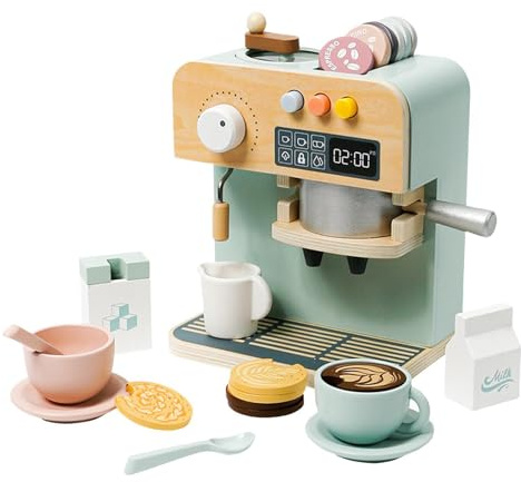 AMSLSIU Machine à café Jouet pour Enfants, Ensemble de Cuisine en Bois pour Enfants, stimule Le Jeu de rôle avec Une Machine à café réaliste et Un Service thé pour