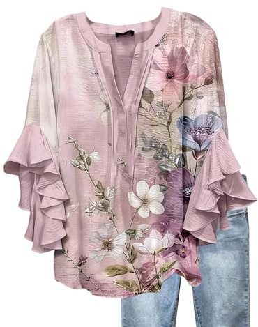 Bluse Donna Eleganti Estiva Magliette Manica Tre Quarti con Volant Taglie Forti Fantasia Camicette Curvy Scollo a V Camice Particolari Basic Maglia Manica Lunga Firmate Vintage Camicia Tshirt