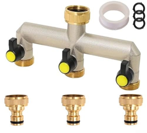 3-Wege-Messing-Wasserverteiler für Gartenschläuche & Bewässerung - 3/4 Zoll und 1/2 Zoll Wasserhahn kompatibel, auslaufsicher mit drehbaren Überwurfmuttern und Kugelhähnen (EU)