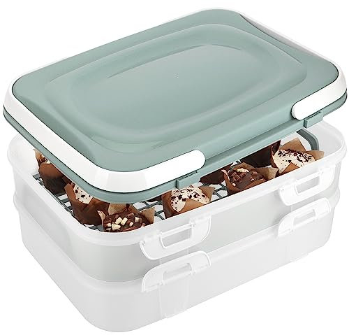 com-four® Partycontainer mit je 2 Etagen und Hebeeinsatz - Kuchen-Transportbox - Frischebox für Lebensmittel - Kuchencontainer mit Tragegriffen - Muffinbehälter (1 Stück pastell blau-grün)