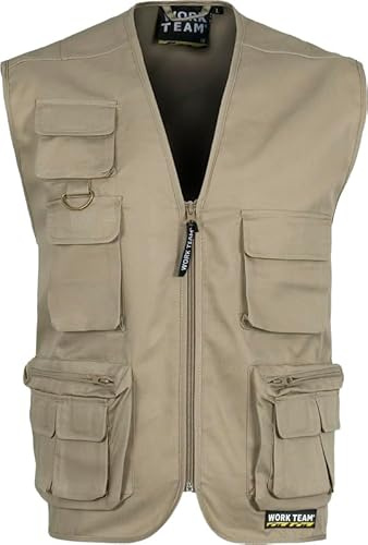 WORKTEAM Chaleco Safari Multibolsillos, Chaleco con Cremallera y Bolsillos Funcionales, Escote Pico, Unisex Beige XXL