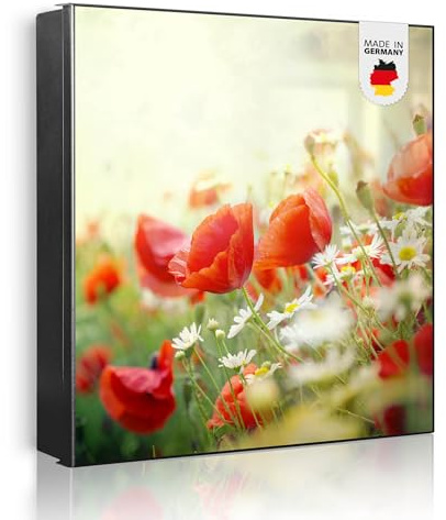 banjado Großer Schlüsselkasten Metall - Schlüsselbox 30x30cm mit 32 Haken - Schlüsselkasten modern für Schlüsselaufbewahrung mit beschreibbarer, magnetischer Tür - Motiv Kamille Und Mohn
