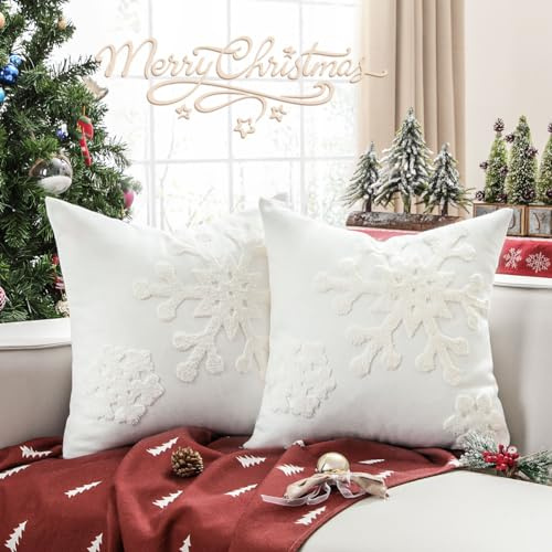 Lewondr Weihnachten Kissenbezug mit Schneeflocke, Weiß, 2 Stück, 45x45cm