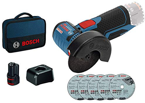 Bosch Professional 12V System Akku Winkelschleifer GWS 12V-76 (12 Volt System, 1 x 2.0 Ah Akkus, 5tlg. Trennscheiben Set, in Tasche)