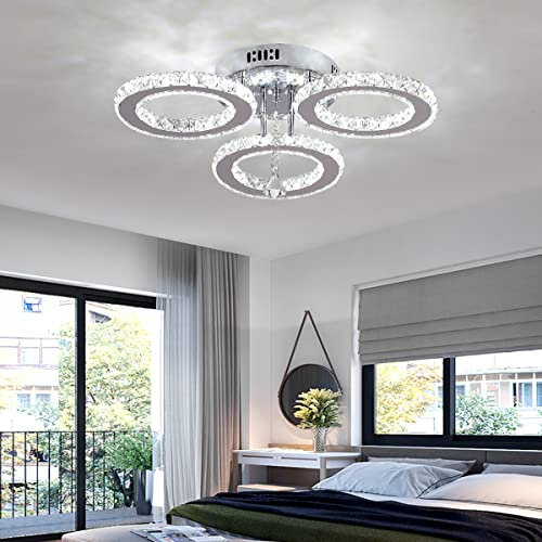 VETRULUS Crystal LED Chandelier, Led Ceiling Light Flush Mount Modern Stainless Steel Pendant Lights Fixtures for Bedroom Living Room Dining Room (3 Rings Cool Light)