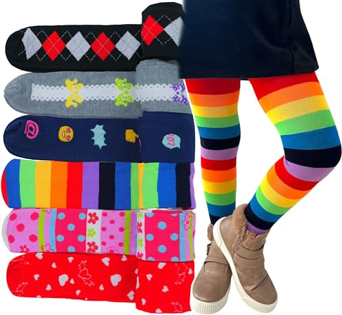 ToBeInStyle Girls' 6-Item Pack Full Length High-Waisted Thick Winter Tights - Colorful Prints - L