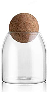 MOLADRI 500ML/16Oz Clear Glass Storage Cute Canister Holder Ball Wood Cork Top, Modern Decorative Cylinder Container Jar with Round Lid for Coffee, Spice, Candy, Salt, Cookie Cool Terrarium Bottle
