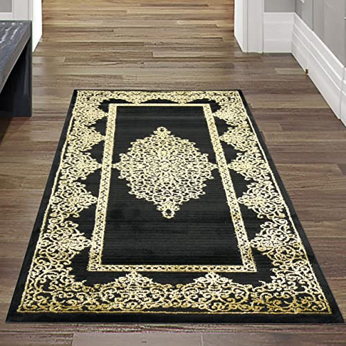 Matta dröm elegant golvmatta för hall och hall | Sängmatta | gyllene dekorationer på svart, storlek 60 x 110 cm