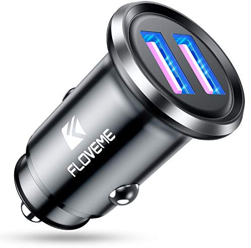 FLOVEME Zigarettenanzünder USB Adapter Schnellladung, Dual QC3.0 Port 36W/6A KFZ Ladegerät USB, Mini Metall Auto Ladegerät Zigarettenanzünder mit LED-Licht, Kompatibel mit iPhone Samsung Schwarz