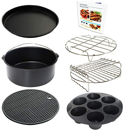 21 cm Luftfritteuse Zubehör Set von 7 Stück für 3,5Qt-5,8Qt Phillips Gourmia Ninja Dash Air Fritteuse mit Eierstichen Form, Pizzablech, Kuchenfass Spieß-Rack, Silikonmatte, Kochbuch