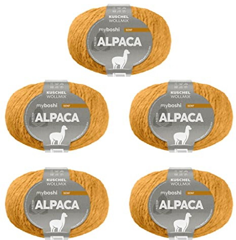 myboshi Alpaca-Wolle zum Häkeln/Stricken, temperaturregulierend, angenehm weich, für Damenoberbekleidung, Gelb (Senf), 5 Knäuel