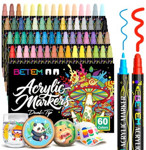Betem 60 Colors Dual Tip Acrylic Paint Pens Markers, Premium Water-Based Acrylic Paint Markers for Fabric, Rock, Wood, Glass, Eggs, Canvas, Ceramic, Fabric Paint Markers