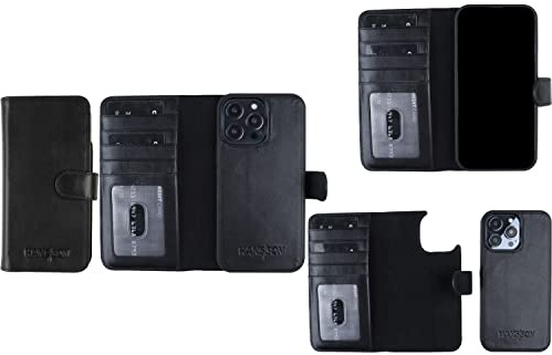 HANS/SON Étui à rabat en cuir véritable noir pour iPhone 14 Pro avec fentes pour cartes - Coque Porte Carte Magnétique - Étui en cuir avec rabat - Résistant aux chocs - Compatible Magsafe