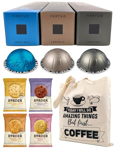 Coffee Pod Variety Pack for Nespresso Vertuo Machine - Fortado, Costa Rica, Arondio - 3 Boxes (30 Pods) Bundled with Border Biscuits and Reusable Tote Bag