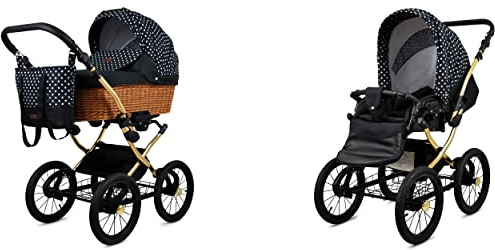 BabyLux ALU 2in1 Kinderwagen für Kleinkinder – Kinderwagen für Neugeborene und Kleinkinder – Baby Neugeborenen Kinderwagen – 59x105x125cm – Max. 15kg – White Dots Gold Frame