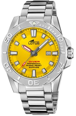 LOTUS Reloj Hombre Analógico de Acero Inoxidable 316l Plateado | Movimiento de Cuarzo, Calendario, Cristal Zafiro de Alta Resistencia, Resistente al Agua 20 ATM 18926/1 Diver