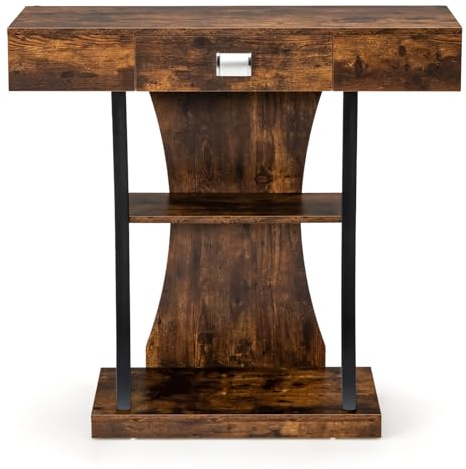 GOPLUS Table de Console Industirelle à 3 Niveaux, Table d’Entrée avec Tiroir & Dispositif Anti-Basculement, pour Entrée, Chambre, Salon, Couloir, 91X30X88 CM (Marron)