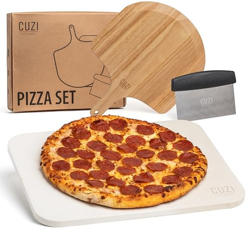 Cuzi Gourmet 3-Piece Pizza Stone Set - 15x12 Thermal Shock Resistant Cordierite Pizza Stone, 15x12 Natural Wood Pizza Peel & Pizza Cutter - Pizza Stone for Grill and Oven