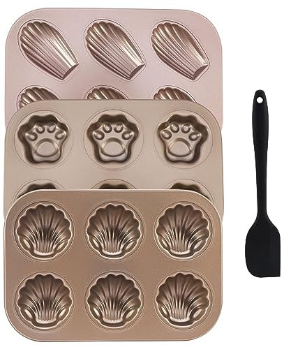 Jaeskeclip 4 moldes Madeleines, molde para tartas de corazón, bandejas de galletas para hornear con 3 moldes para tartas en diferentes formas y 1 raspador