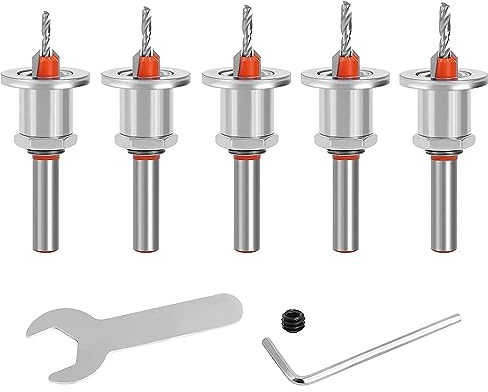 5PCS Quick Change 8mm Round Shank Adjustable Countersink Drill Bit Set, 2.8-4mm Cone Drill Counterbore Router Drill Bit with Stop Screw for Woodworking Hole Drilling Opening Cutting Tools