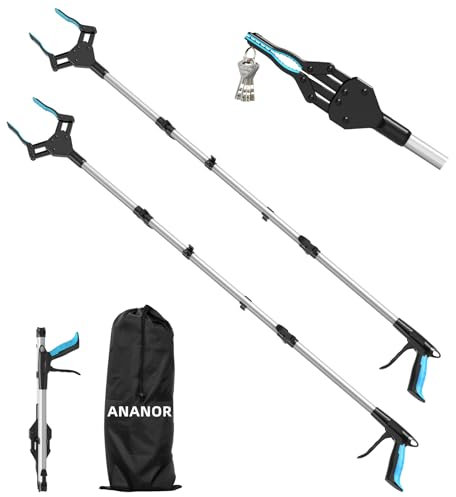ANANOR 2 Stück 112 cm Faltbare Greifzange für Senioren, Upgrade Breiter Kiefer mit 360° Drehbarer Kopf & 2 Aufbewahrungsbeutel, Robuste Greifer mit Magnet-Greifarm für Müllabfuhr, Armverlängerung