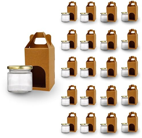 Espirito Rebelde 20 barattoli vuoti in vetro con coperchio da 100 ml con 20 barattoli di cartone per 1 barattolo di marmellata, con coperchio a vite dorato, per marmellate, conserve, miele