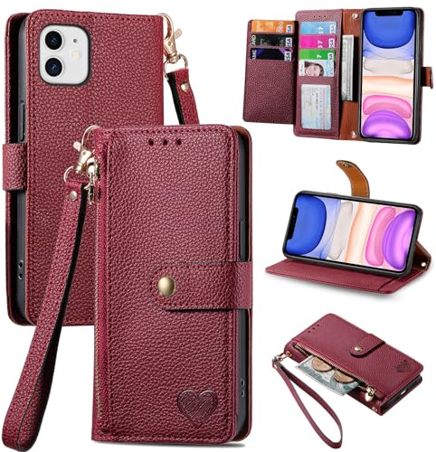 VEEMOS Zipper Wallet Case for Apple iPhone 11 Phone Case with Purse Card Holders RFID Blocking Leather Flip Case Book Cover Wrist Strap Women - Red