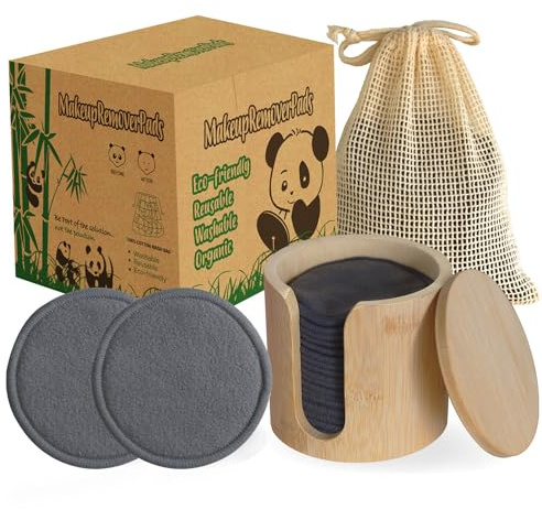 Sopurrrdy Reusable Cotton Rounds, 100% Natural Bamboo Cotton Pads for Face|Reusable Makeup Remover Pads with Laundry Bag,Headband and Cotton Round Holder (Gray)