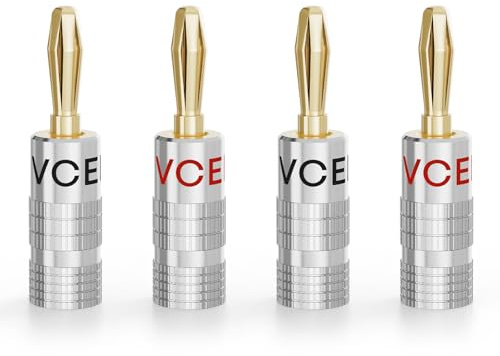 VCELINK 4mm Banana Plugs for 12-18 AWG Speaker Wire, HiFi Stereo, 2 Pairs | 24K Gold Plated, Closed Type No Solder Speaker Connectors with Dual Set Screw Locking, Metal Shielded Housing