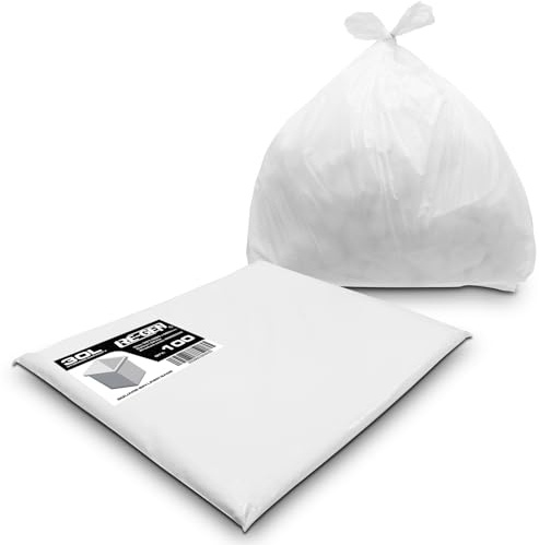 RE-GEN 30L Essential Range Medium Kitchen, Bathroom Square Bin Liners White Refuse Sacks (1 Pack, 100 Bags) Everyday, Office & Home Use | Quality Rubbish Garbage Bags 381/609 x 609mm