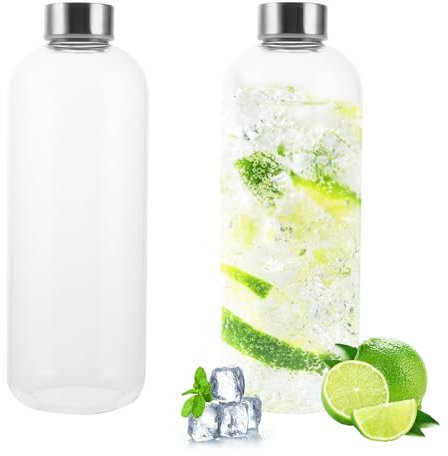 DAJAVE 2er Glasflasche 1 Liter Trinkflasche Bruchsicher, Borosilikatglas Mit Schutzhülle, 1000 ml Wasserflasche für Kohlensäurehaltige Getränke