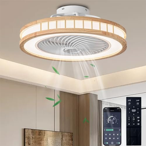 Ventilador De Techo Con Luz Madera Diseño Calado, Lampara Ventilador Techo Sin Aspas Silencioso Motor DC Reversible, Lampara De Techo Led Dormitorio Ventilador Con Temporizador 6 Velocità Regulable