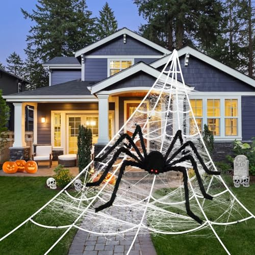 Halloween Deko Riesen Spinnennetz 5m für Garten, mit 50cm schwarzer Fälscherspinne, elastisches Halloween-Horror-Deko