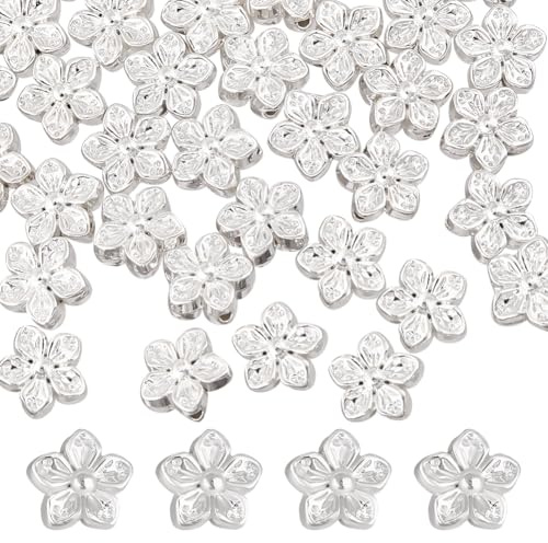Beebeecraft 1 scatola 50 pezzi Perline di Fiori D'Argento Fiori di Pesco 925 perline Distanziatrici Floreali Sciolte Da 0.5mm In Argento Sterling Placcato per La Creazione di Gioielli Ciondoli