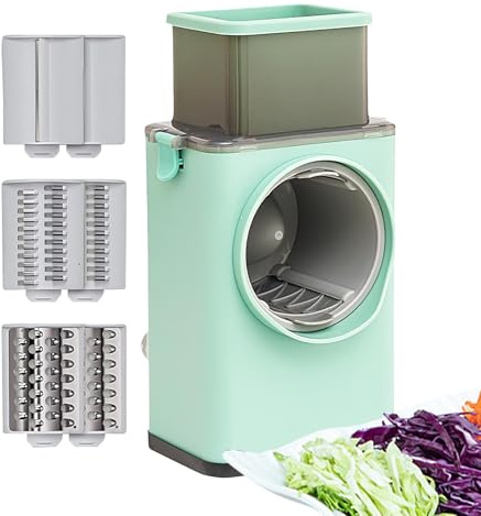 Qikam Manovella per affetta patate, Manovella per grattugia formaggio,Chopper per noci con taglierina per waffle - Grattugia per grattugiare formaggio vegetale con 6 lame intercambiabili per frutta
