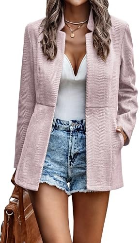 Jhsnjnr Womens Tweed Jacket Stand Collar Long Sleeve Open Front Cardigans Winter Casual Slim Fit Suits Blazers Pink