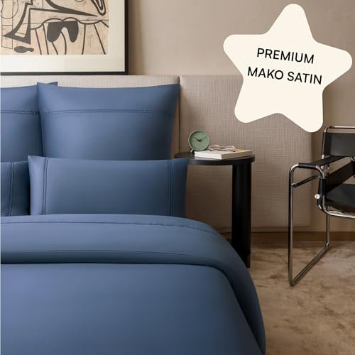 Amqua Juego de ropa de cama de satén Mako de 135 x 200 cm, bordado azul, incluye funda de almohada de 80 x 80 cm, suave y de alta calidad, incluye cremallera, ropa de cama de hotel de 135 x 200 cm