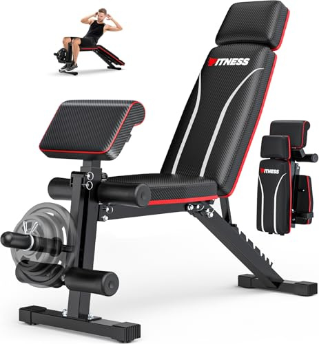 Foldable Workout Bench, Adjustable Weight Bench with Leg Extension, Preacher Pad, Extended Headrest, Collapsible Bench for Home Gym Full Body Workout Strength