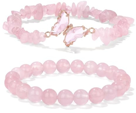 Quartz Rose Bracelet,Bracelets de cristal pour femmes,Bracelet Pierre,Bracelet de pierres à breloques papillon, embrassez l'amour et la sérénité
