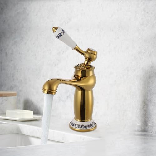 Retro Wasserhahn Bad Gold Waschtischarmatur Einhebel Mischbatterie Waschbecken Warm und Kaltwasserhähne aus Messing Antik Badarmatur Waschbecken Badezimmer G3/8