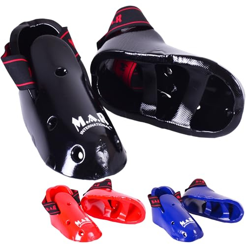 MAR | Martial Arts Foot Protector for Karate Kickboxing, Muay Thai, K1 & Taekwondo| Vinyl Dipped Foam Kick Boots Elasticated Toe Loops & Secure Strap Men, Women & Kids Red, Black Blue (Black, M)