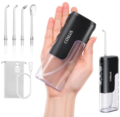 COSLUS Mini Water Flosser for Travel: Portable Compact Design - Removable Tank for Easy Cleaning - 4 Modes IPX7 Electric Flosser for Braces/Orthodontic/Sensitive Gums On-The-Go Use, Black(T40)