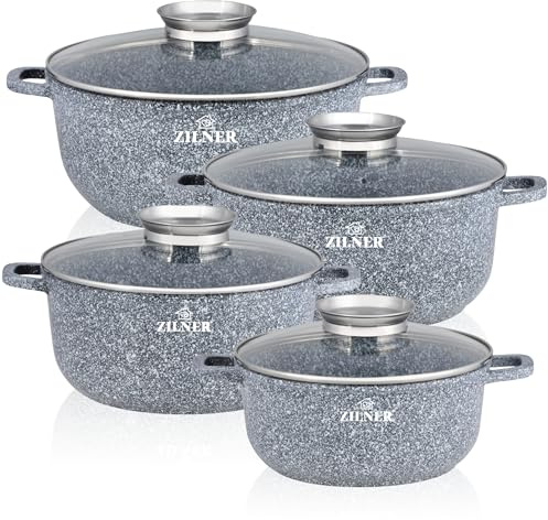 Kochtopf Set Induktion - Topfset mit Glasdeckel - Töpfe für alle herdarten - Antihaftbeschichtung- ZILNER® (4, Granit)