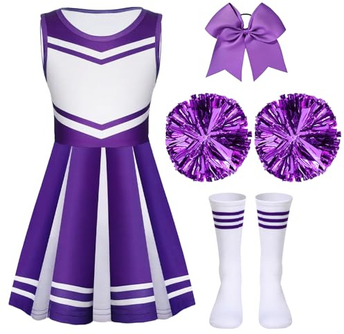 Sureio 4 Pcs Girls Cheerleader Costume for Girls Cheerleading Outfit for Kids Halloween Birthday Cosplay Party Gifts(Purple,10-11 Years)